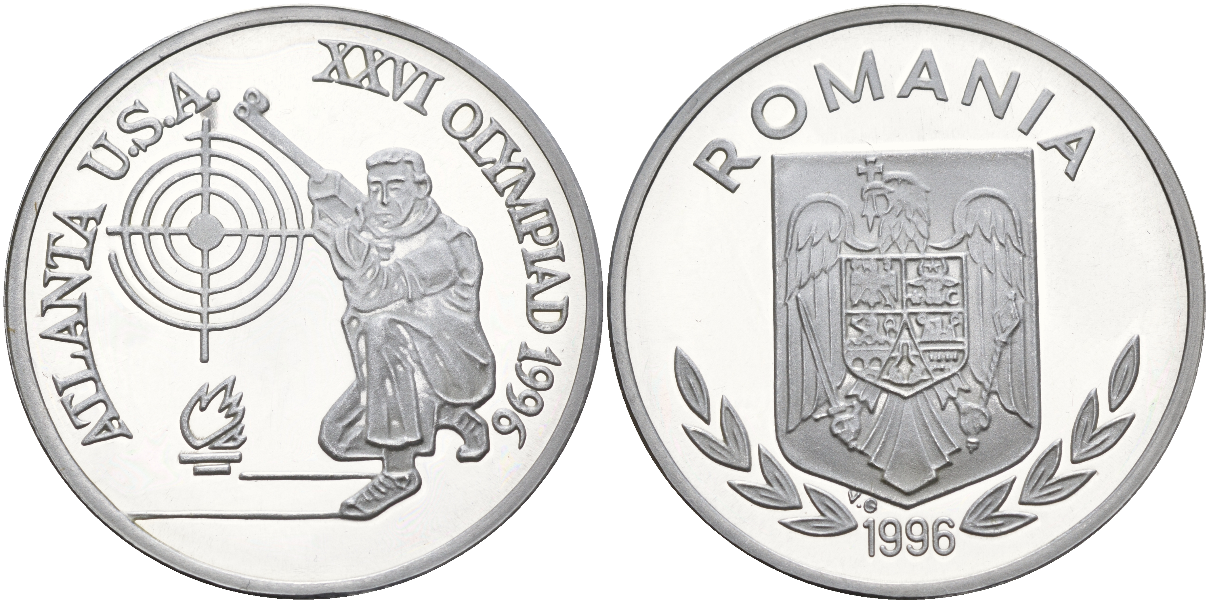 Румыния 100 леев 1996 XXVI Олимпийские игры 1996 года в Атланте, 100 лет Олимпийскому движению, стрельба, пробный выпуск  алюминий  PROOF  11-236-11