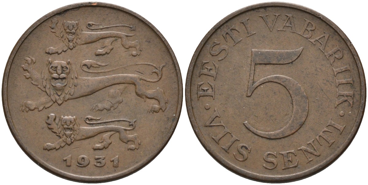 Эстония 5 центов 1931 Республика (1918-1941) KM 11 бронза 4586-1041
