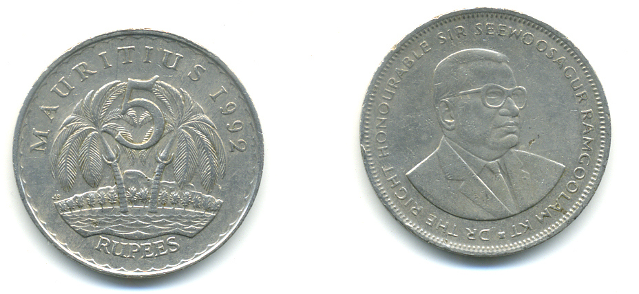 Маврикий 5 рупий 1992 Сивусагур Рамгулам KM 56 медно-никель 179-136