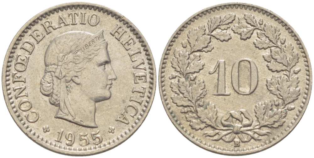 ШВЕЙЦАРИЯ 10 РАППЕНОВ 1955 В KM 27 медно-никель 39-467