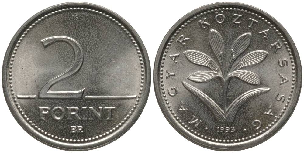 ВЕНГРИЯ 2 ФОРИНТА 1993 ВР KM 693 медно-никель UNC 181-734