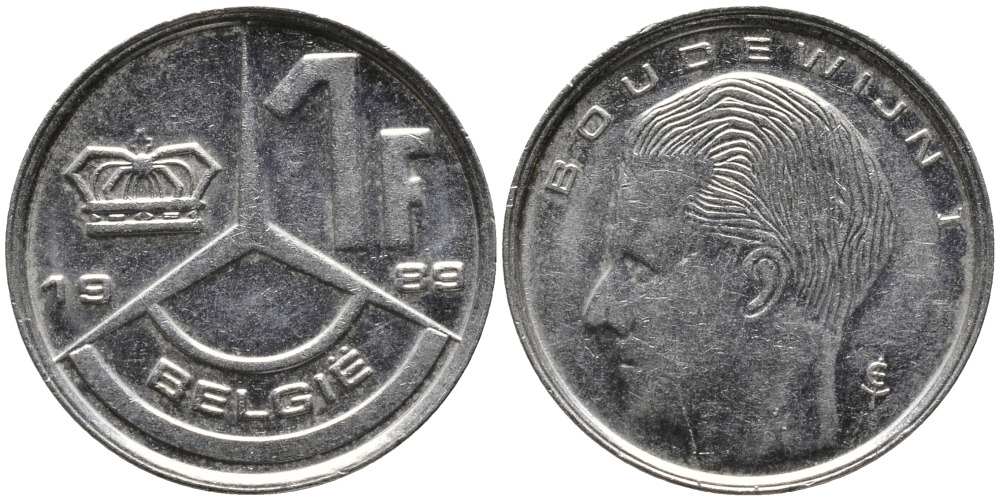 БЕЛЬГИЯ 1 ФРАНК 1989 BELGIE KM 171 сталь плакированная никелем 99-1237