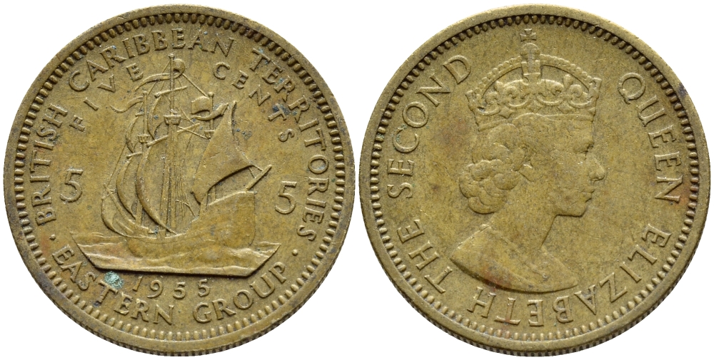 Британские Восточно-Карибские территории 5 центов 1955 Елизавета II (1952-2022), парусник KM 4 никель латунь 4388-1156