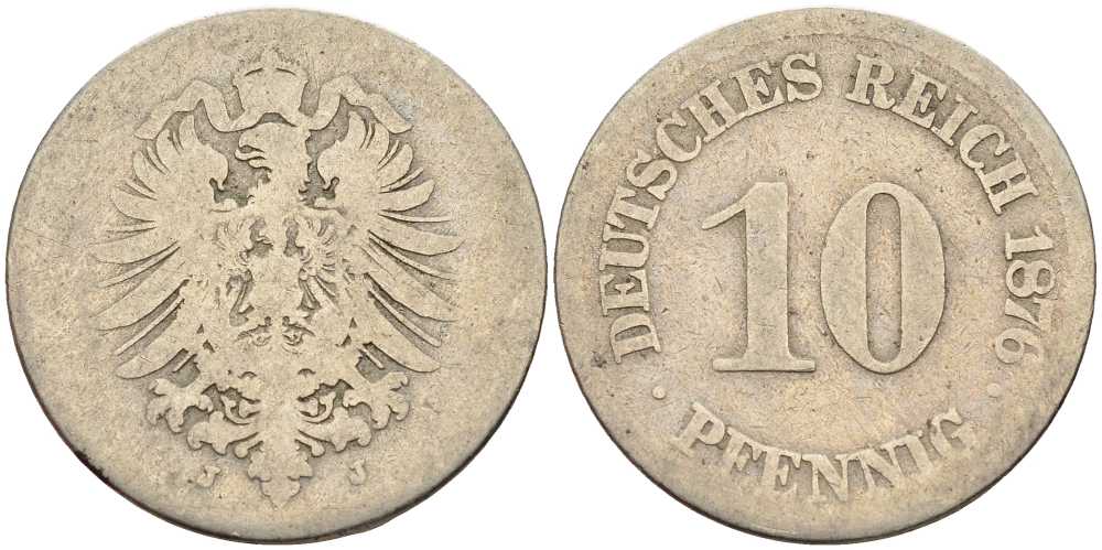 Германия 10 пфеннигов 1876 J, старогербовка KM 4, Jager 4, Weege 7 медно-никель 4401-312