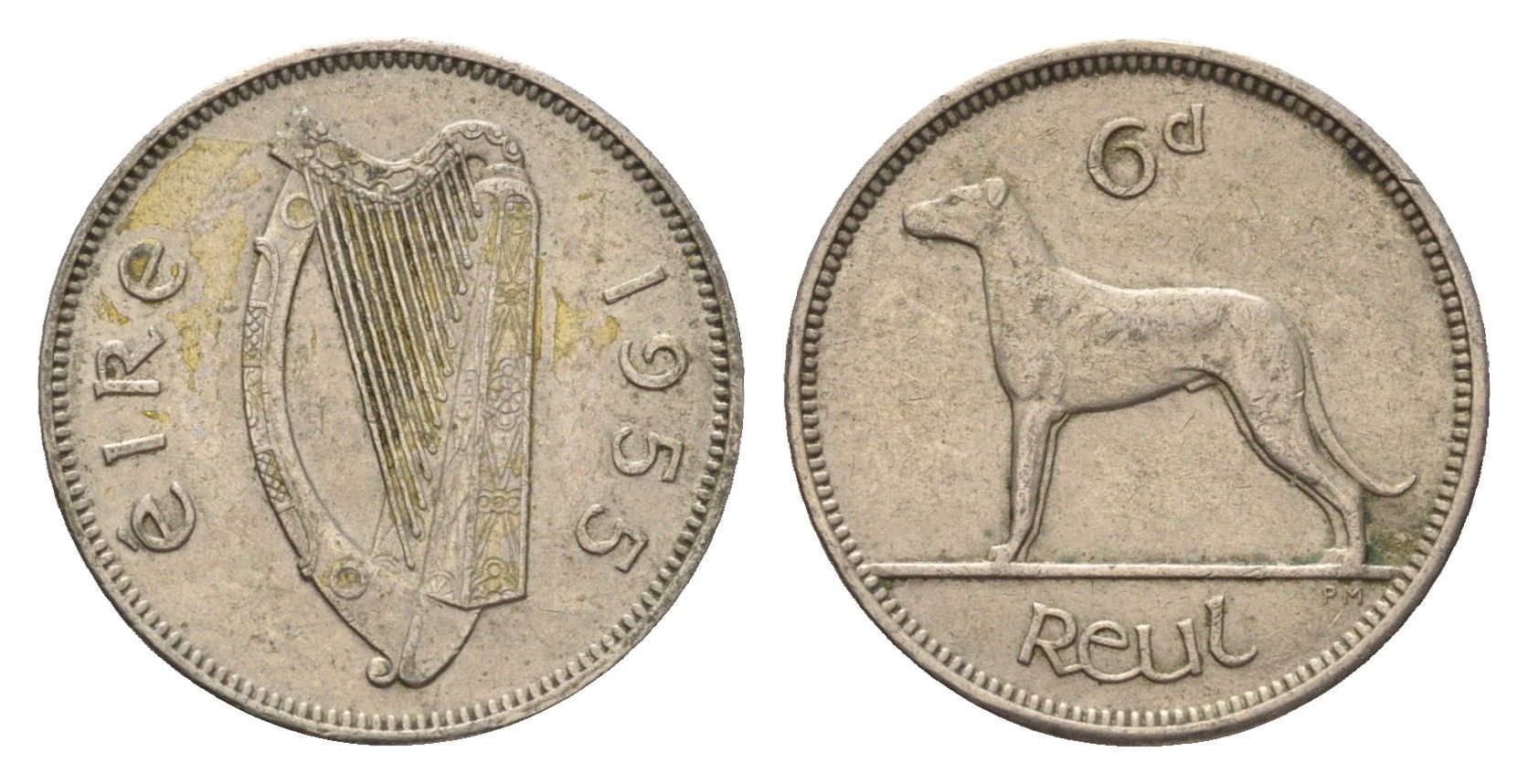 Ирландия 6 пенсов 1955 собака, ирландский волкодав KM 13a медно-никель 4690-334