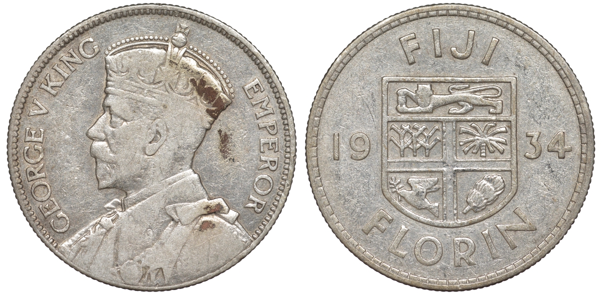 Фиджи 1 флорин 1934 Георг V (1910-1936), герб Фиджи KM 5 серебро 91-1246