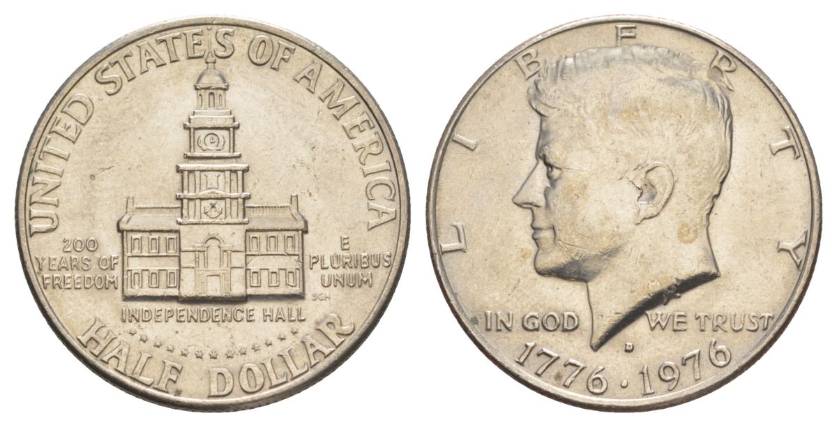 США 1/2 доллара (50 центов) 1976 D, 200 лет независимости, Джон Кеннеди KM 205 медь плакированная медно-никелем aUNC 4545-1042