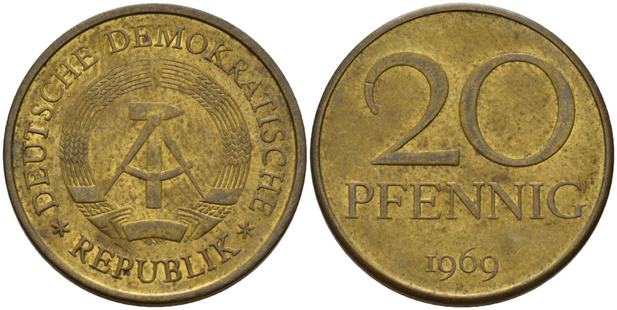 ГДР 20 пфеннигов 1969 A, первый год KM 11 латунь 92-821