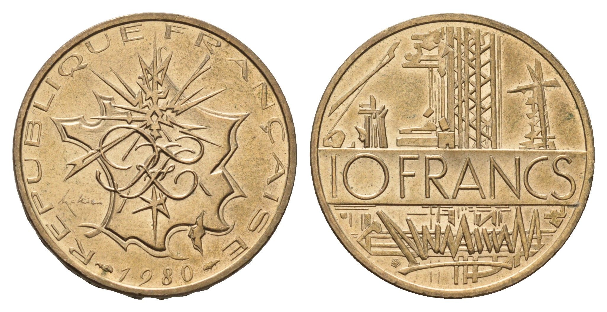 Франция 10 франков 1980 KM 940 медь алюминий никель UNC 3856-521