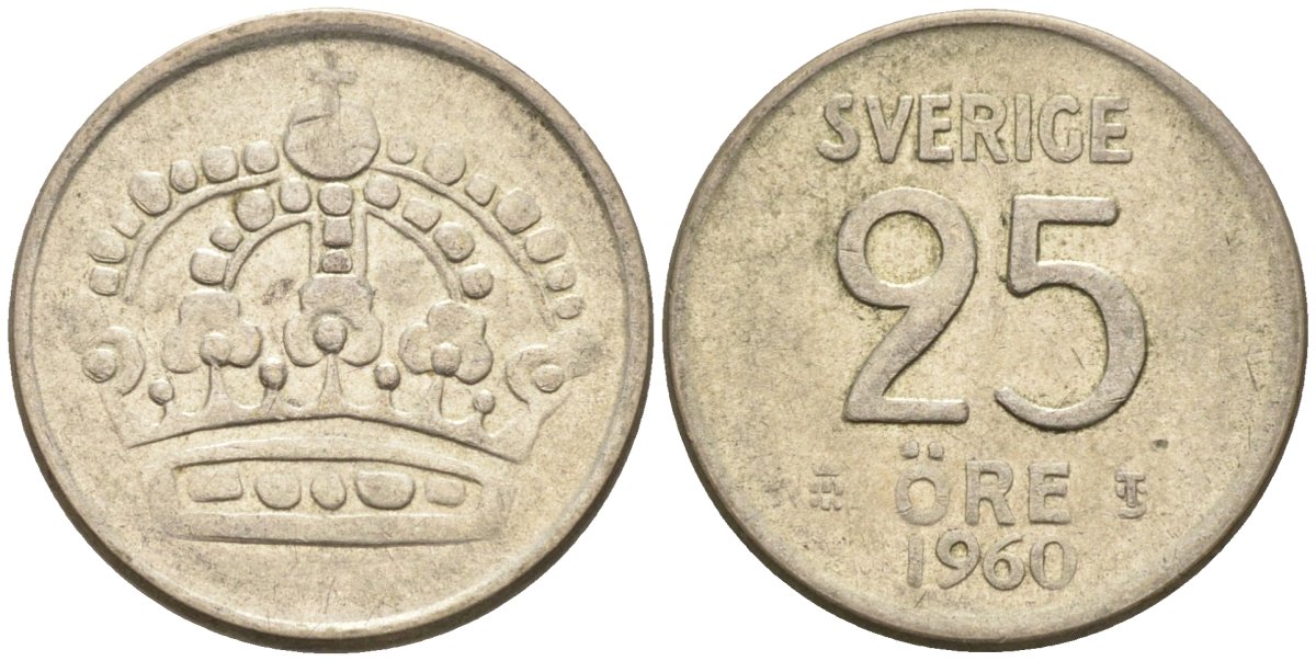Швеция 25 эре 1960 Густав VI Адольф (1950-1973) KM 824 серебро 4585-462
