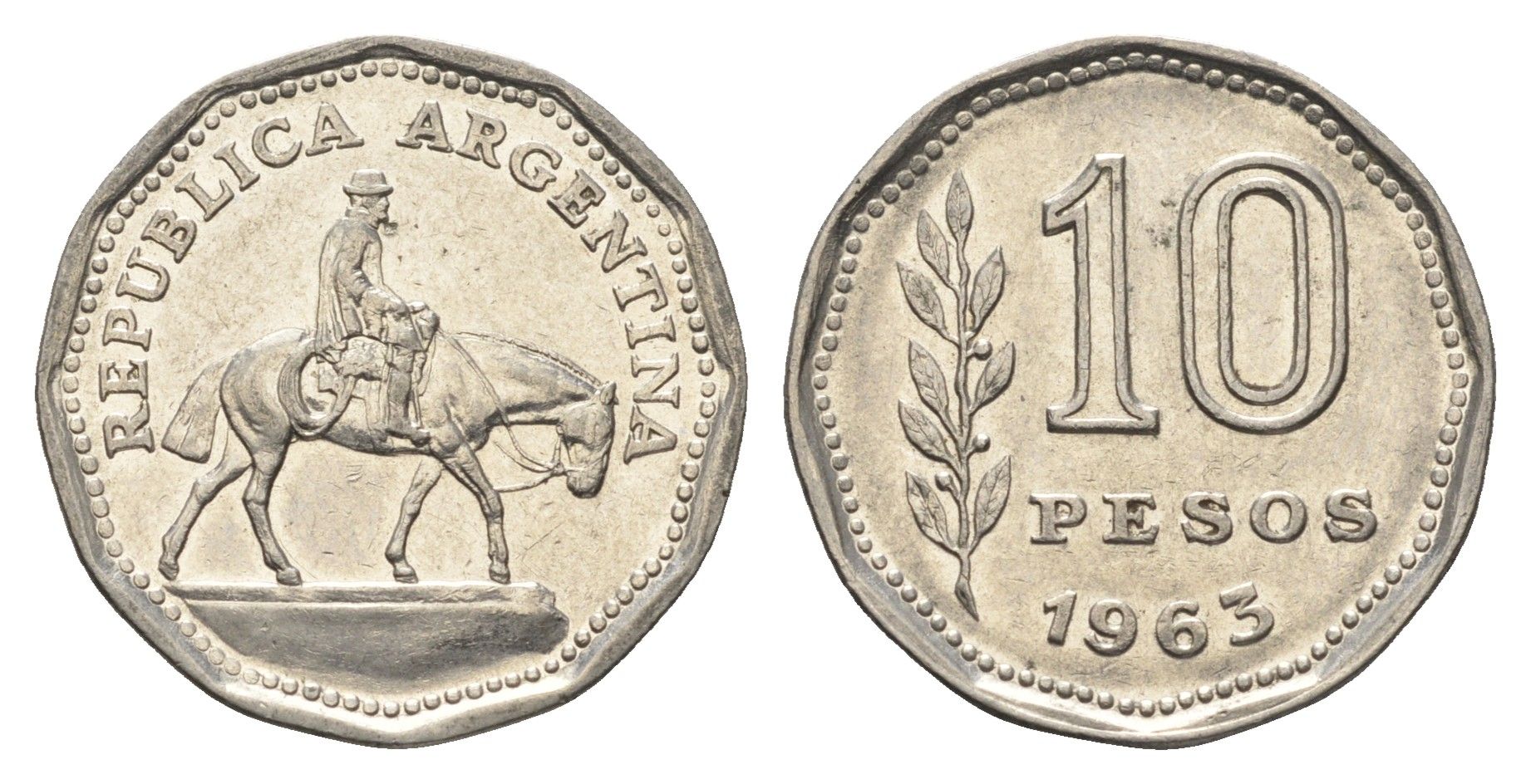 Аргентина 10 песо 1963 Гауч KM 60 сталь плакированная никелем 4663-652