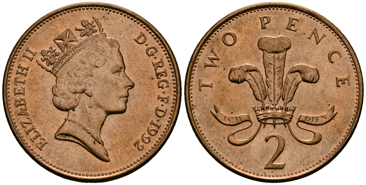 Великобритания 2 пенса 1992 Елизавета II (1952-2022) KM 936a, Spink 4376 сталь плакированная медью 4607-926