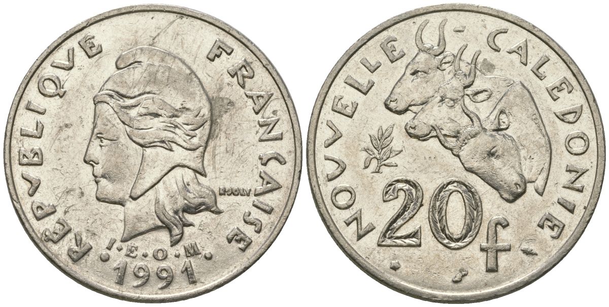 Французская Новая Каледония 20 франков 1991 три быка, (IEOM) KM 12, Schoen 14, Lec 114 никель 80-144