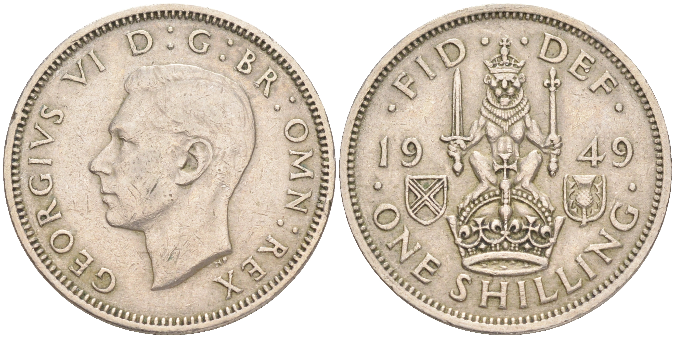 Великобритания 1 шиллинг 1949 Георг VI (1936-1952), Шотландский герб KM 877, Spink 4109 медно-никель 4556-613