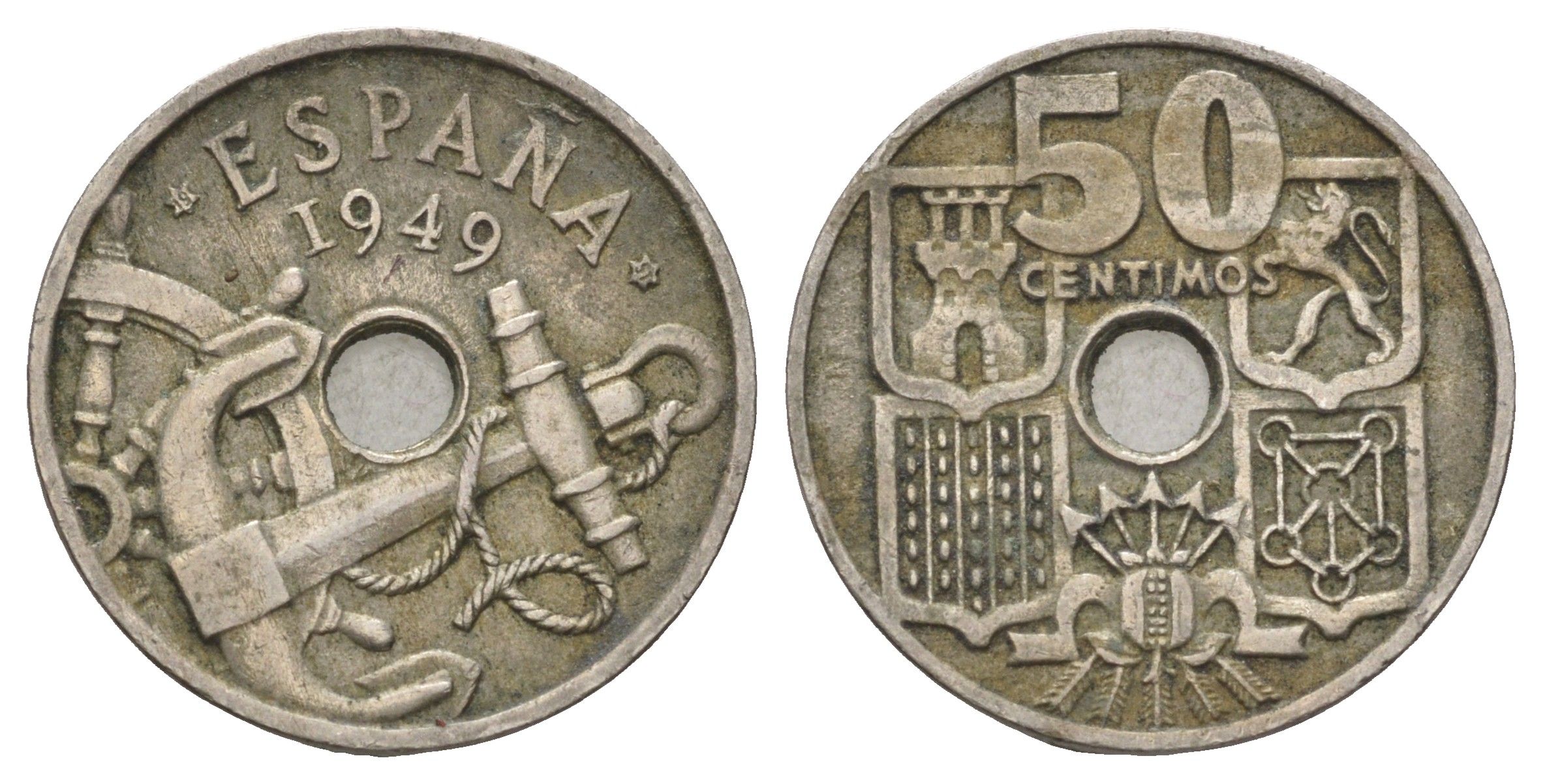 Испания 50 сентимо 1949 (51) Франсиско Франко (1939-1975) KM 777 медно-никель 4682-122