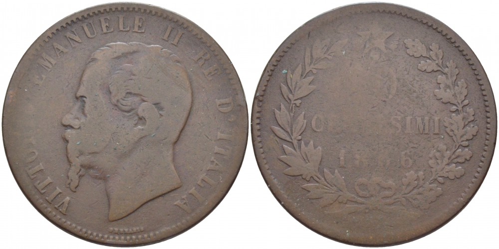 ИТАЛИЯ 10 ЧЕНТЕЗИМО 1866 ВИКТОР ЭММАНУИЛ II (1861-1878) KM 11.2 бронза 114-614