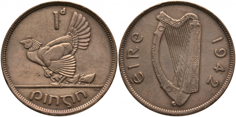 ИРЛАНДИЯ 1 ПЕННИ 1942 КУРИЦА С ЦЫПЛЯТАМИ KM 11 бронза 4127-514