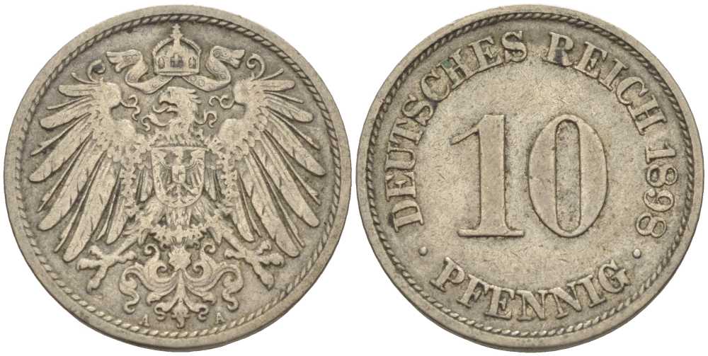 ГЕРМАНИЯ 10 ПФЕННИГОВ 1908 A KM 12, J. 13 медно-никель 31-511