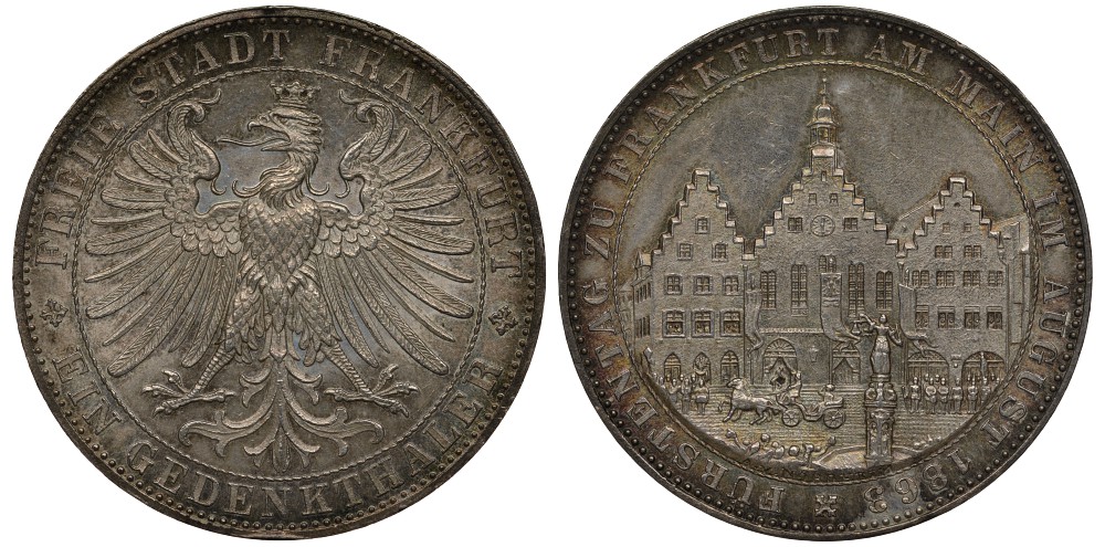 Франкфурт 1 талер 1863 Ассамблея Принцев KM 372, AKS 45, Jaeger 52, Thun 147, Kahnt 172, Davenport 654 серебро 00-815-72