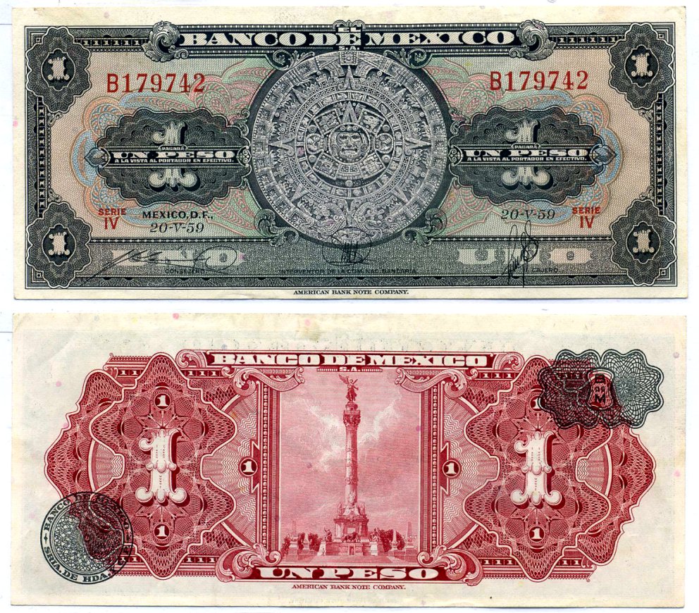 Мексика 1 песо 1959 20 мая 1959, серия IV Pick 59f бумага XF+ 2196-17-3-1