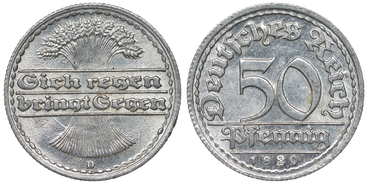 Германия 50 пфеннигов 1920 D KM 27, J. 301, Weege 10 алюминий 4121-1135