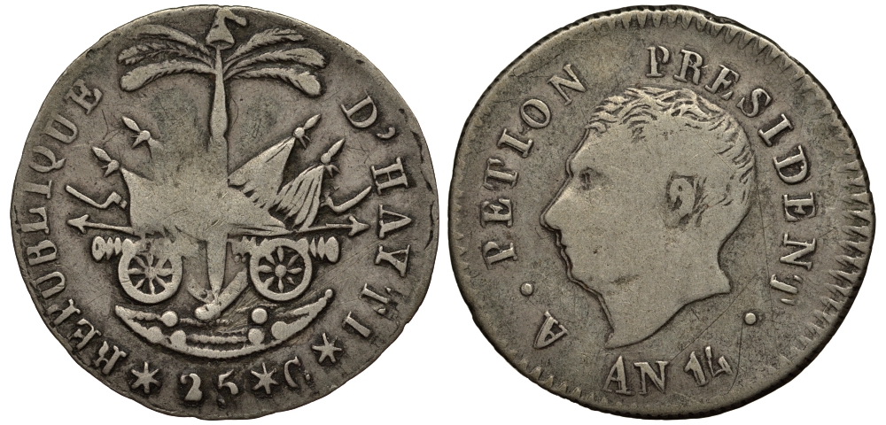 Гаити 25 сантимов 1817 14 год, Президент Александр Петион KM 15.2 серебро 272-525
