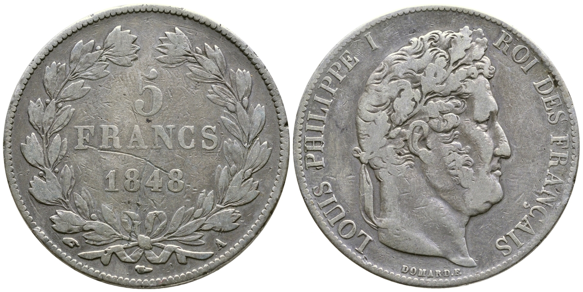 Франция 5 франков 1848 А, Луи Филипп I (1830-1848) LE FRANC 325.17, KM 749.1 серебро 79-1335