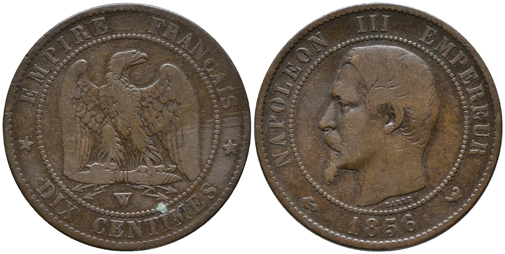 ФРАНЦИЯ 10 САНТИМОВ 1856 W, НАПОЛЕОН III (1852-1870) KM 771.7, LA FRANC 133.38 бронза 32-1015