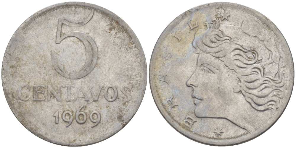 Бразилия 5 сентаво 1969 реформа 1967-1985, голова свободы влево KM 577.1 нержавеющая сталь 35-515
