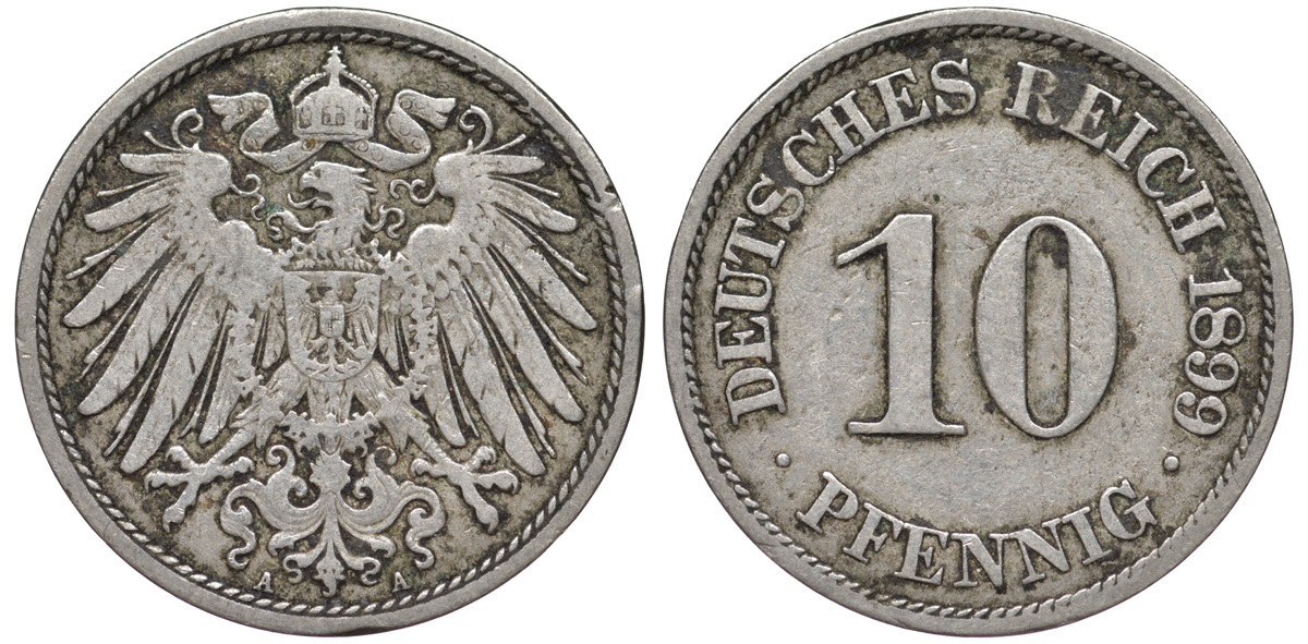 ГЕРМАНИЯ 10 ПФЕННИГОВ 1899 A KM 12, J. 13 медно-никель 45-1231