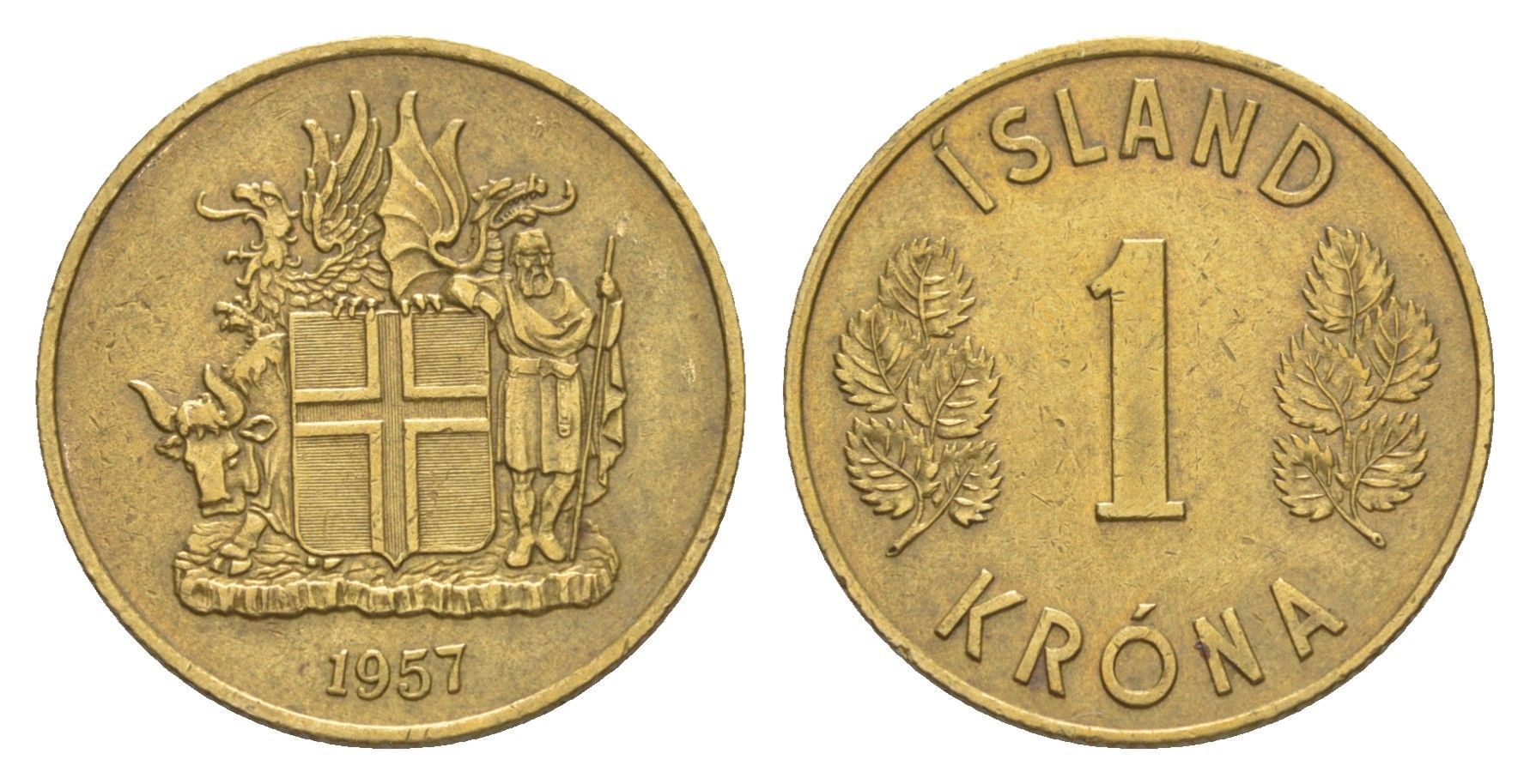 Исландия 1 крона 1957 KM 12a никель латунь aUNC 4633-1237