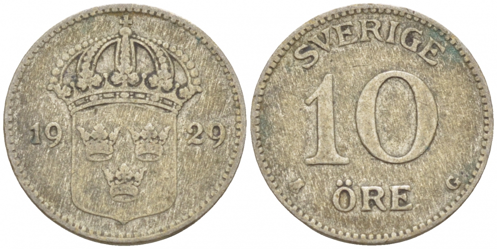 Швеция 10 эре 1929 G, Густав V (1907-1950) KM 780 серебро 3309-838