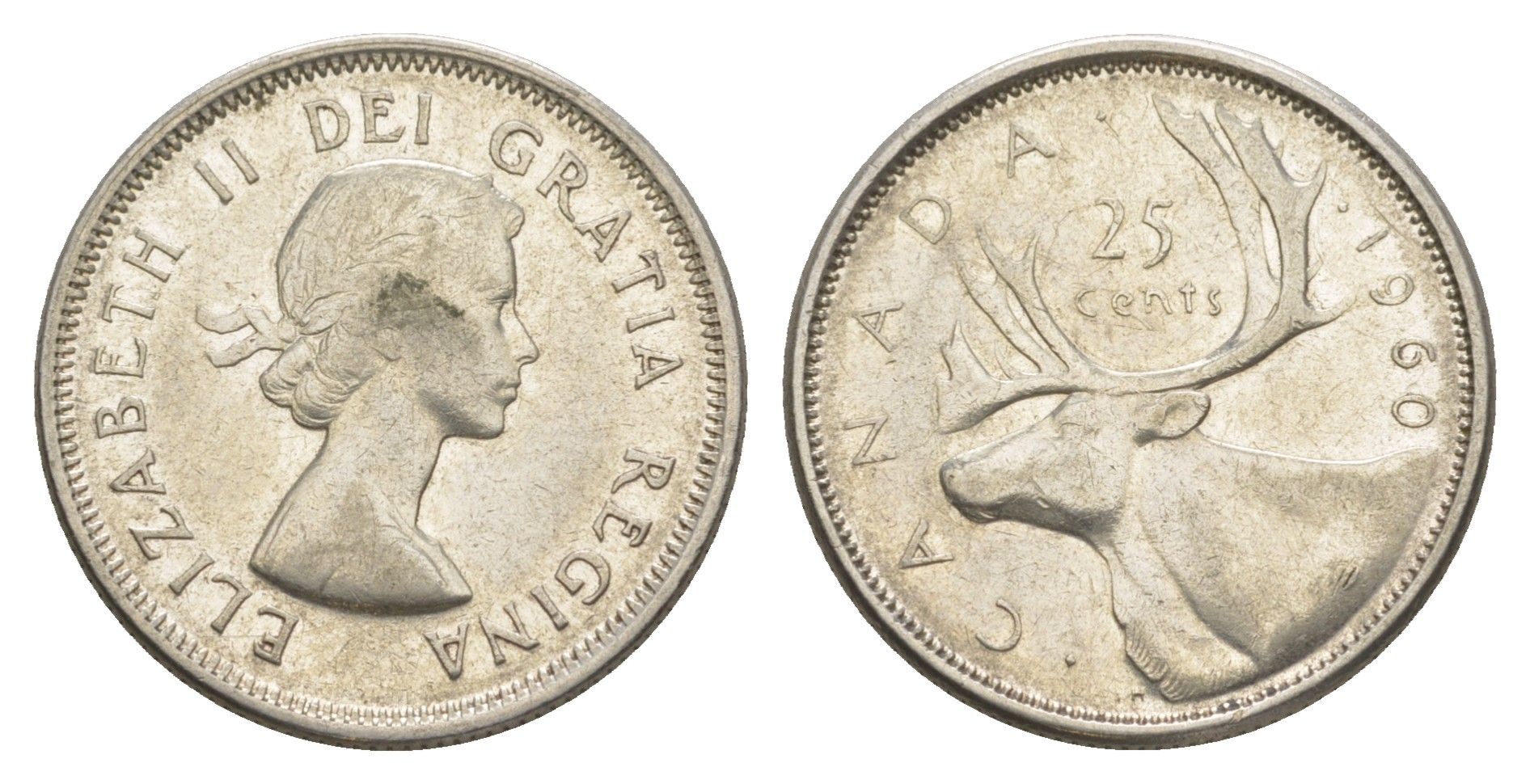 Канада 25 центов 1960 Елизавета II (1952-2022), олень KM 52 серебро 4631-913