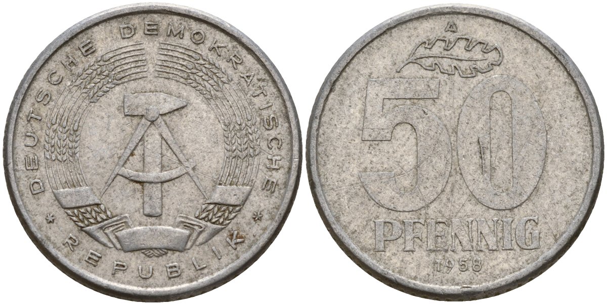 ГДР 50 пфеннигов 1958 A KM 12.1 алюминий 4156-443