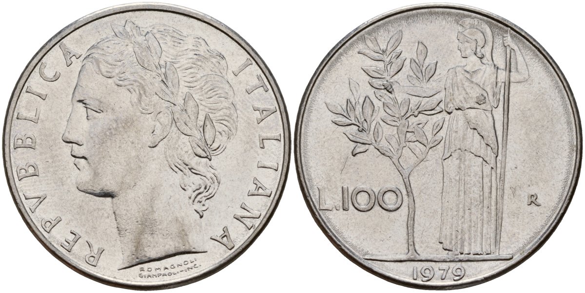 Италия 100 лир 1979 R, Афина у оливкого дерева KM 96.1 нержавеющая сталь 4149-1232