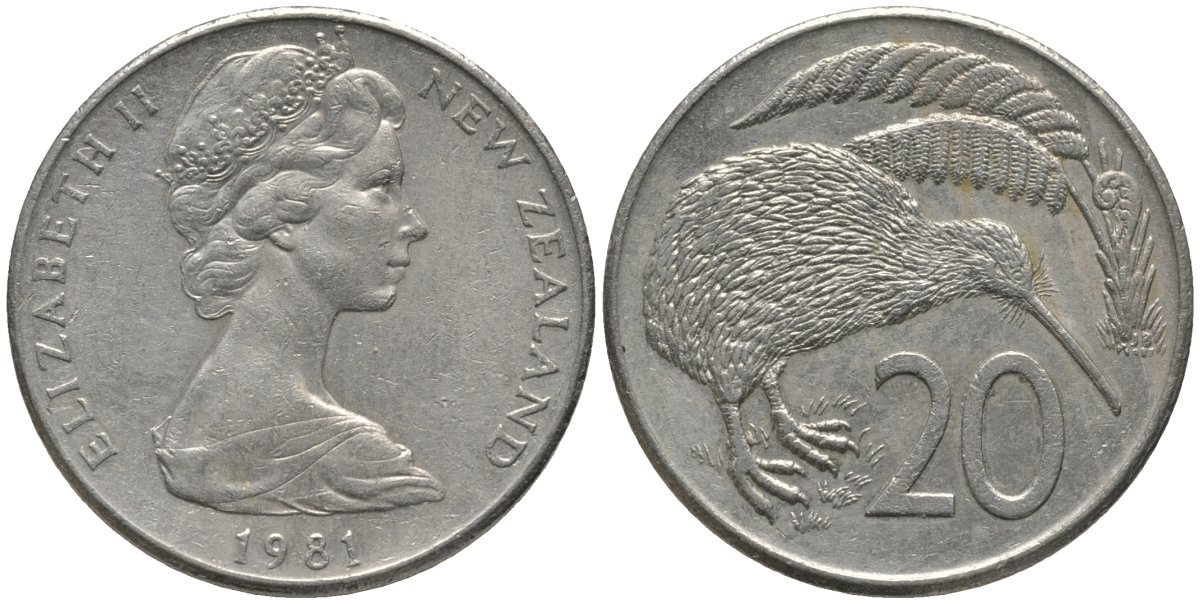 Новая Зеландия 20 центов 1981 Елизавета II (1952-2022), птичка киви KM 36.1 медно-никель 81-623