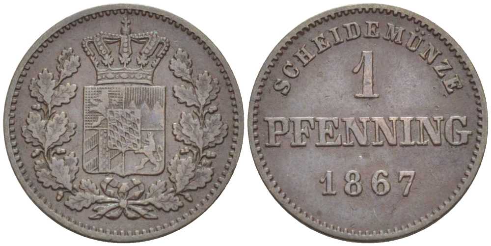 Бавария 1 пфенниг 1867 Людвиг II (1864-1886) КМ 471 медь 201-254