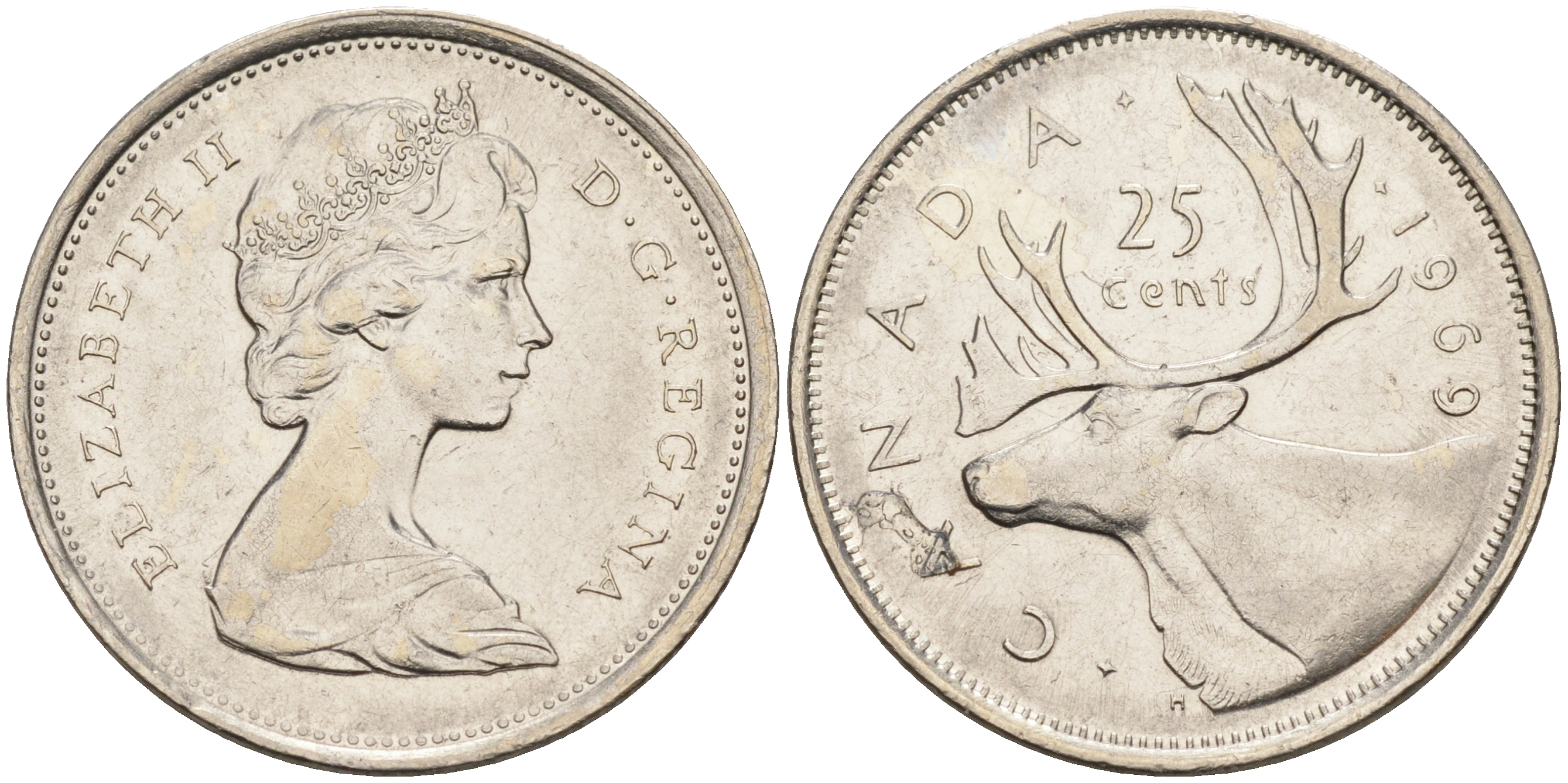 Канада 25 центов 1969 Елизавета II (1952-2022), олень KM 62 b никель4595-637
