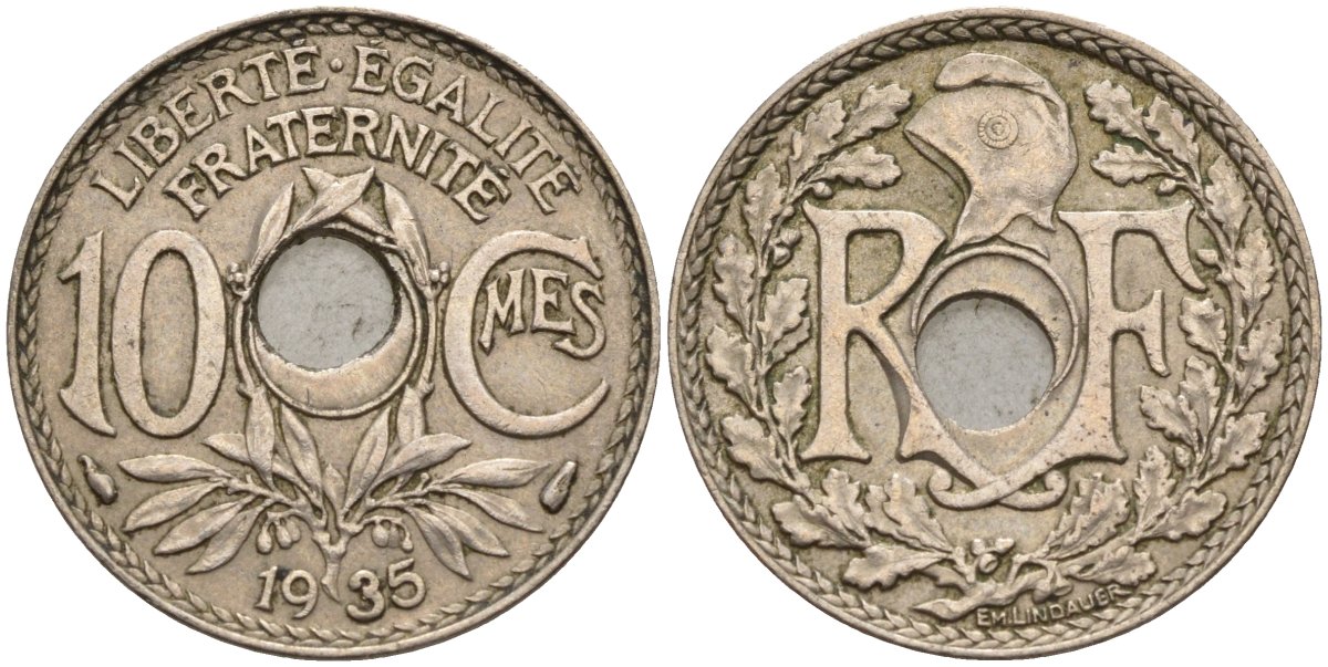 Франция 10 сантимов 1935 KM 866a, Le Franc 138.3 медно-никель 4143-1025