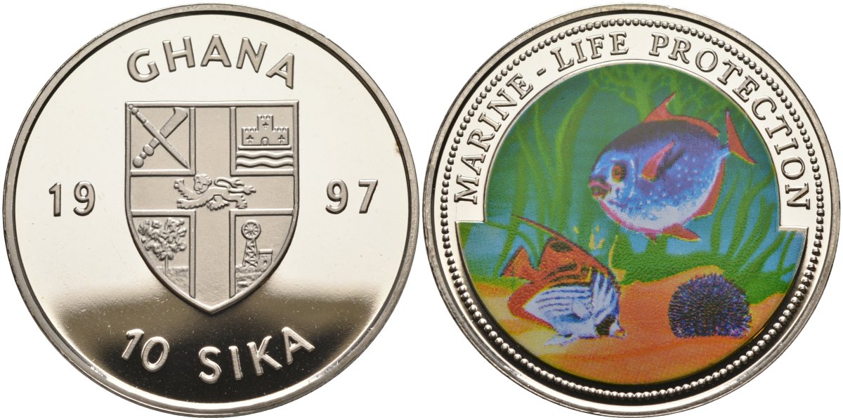 Гана 10 сика 1997 серия защита морской жизни, цветная эмаль KM 22 медно-никель PROOF 02-127-41