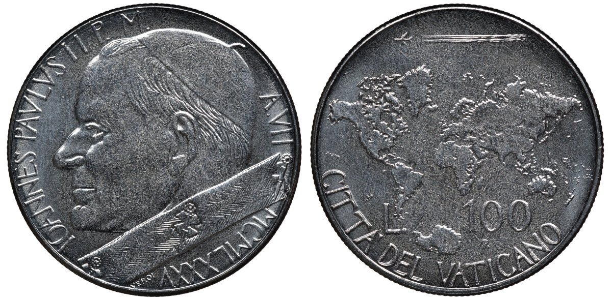 Ватикан 100 лир 1985 Иоанн Павел II (1979-2001) KM 188 нержавеющая сталь UNC 4579-653
