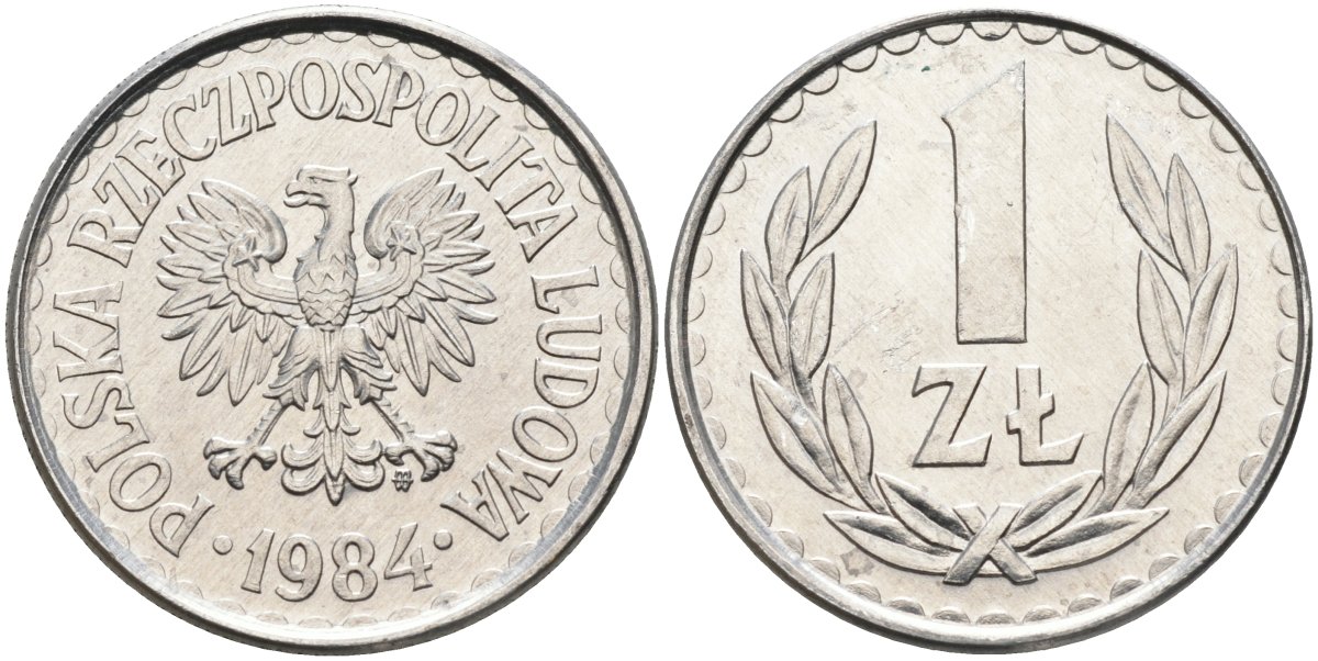 Польша 1 злотый 1984 MW, Народная Республика KM 49.1, Parchimowicz 213w алюминий UNC 4364-1436