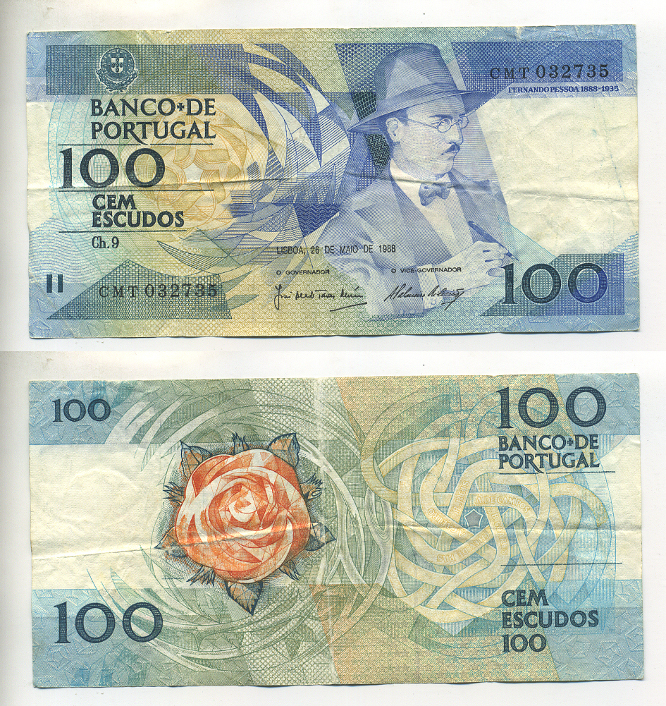 ПОРТУГАЛИЯ 100 ЭСКУДО 1988 26 МАЯ 1988, ФЕРНАНДО ПЕССОА ПОРТУГАЛЬСКИЙ ПОЭТ Pick 179е бумага 7552-56-3