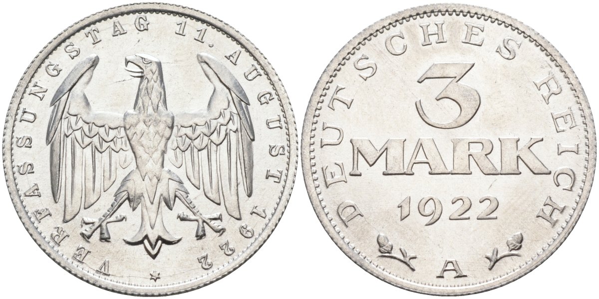 Германия 3 марки 1922 A, третья годовщина Веймарской Конституции KM 29, J.303 алюминий UNC 4587-212