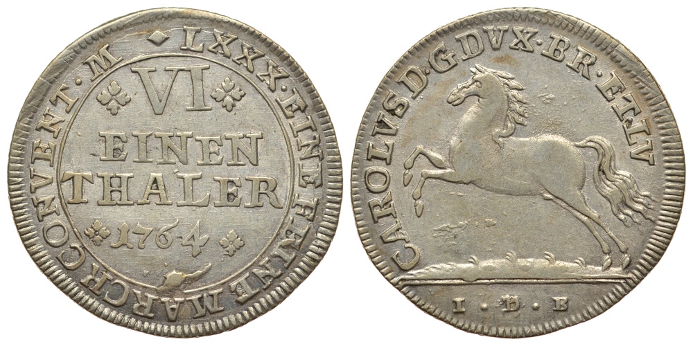 Брауншвейг-Вольфенбюттель 1/6 талера 1764 IDE, вес 5,12 гр. KM 971 серебро 00-00