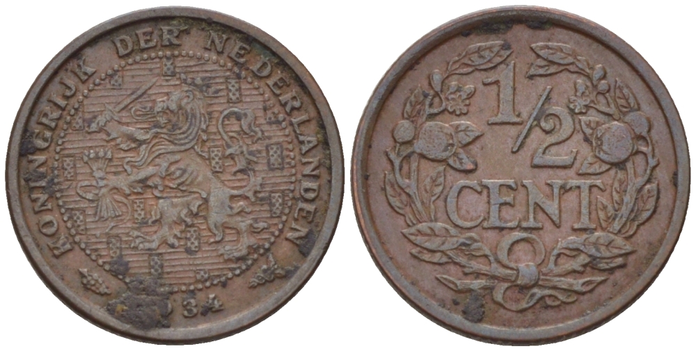 НИДЕРЛАНДЫ 1/2 ЦЕНТА 1934 ВИЛЬГЕЛЬМИНА (1890-1948) KM 138 бронза 39-224