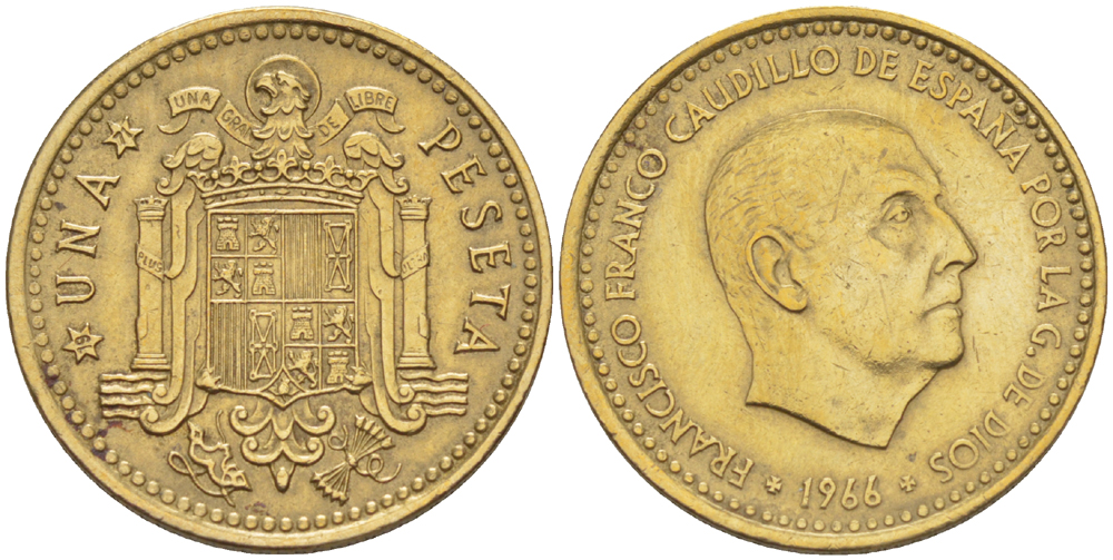 ИСПАНИЯ 1 ПЕСЕТА 1966 (71) ФРАНСИСКО ФРАНКО ДИКТАТОР ИСПАНИИ ( 1939- 1975) KM 796 алюминиевая бронза 216-617