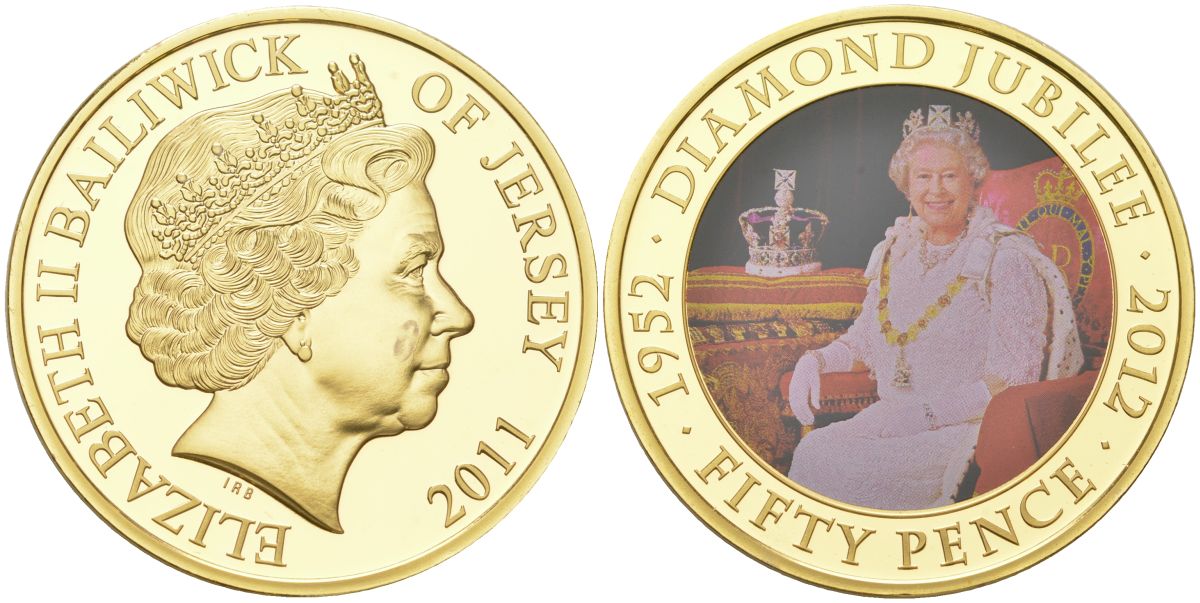 Джерси 50 пенсов 2011 60 лет коронации Королевы Елизаветы II (Елизавета II в короне в платье на троне) KM 239 сталь плакированная золотом BU 11-134-14