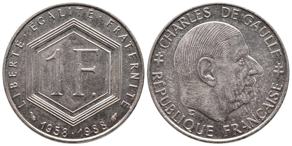 ФРАНЦИЯ 1 ФРАНК 1988 ШАРЛЬ ДЕ ГОЛЬ, 30 ЛЕТ РЕСПУБЛИКЕ KM 963 никель 83-1942