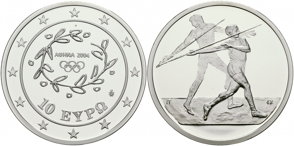 Греция 10 евро 2003 XXVIII летние Олимпийские игры 2004 года в Афинах, метание копья KM 193 серебро PROOF 02-224-45